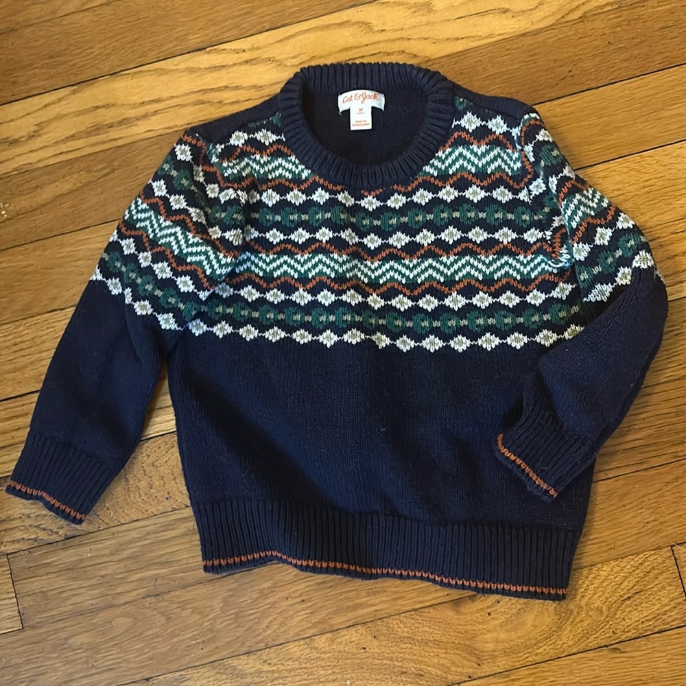 Cat & Jack Navy Fair Isle Knit Sweater with Green, White, Rust Accents